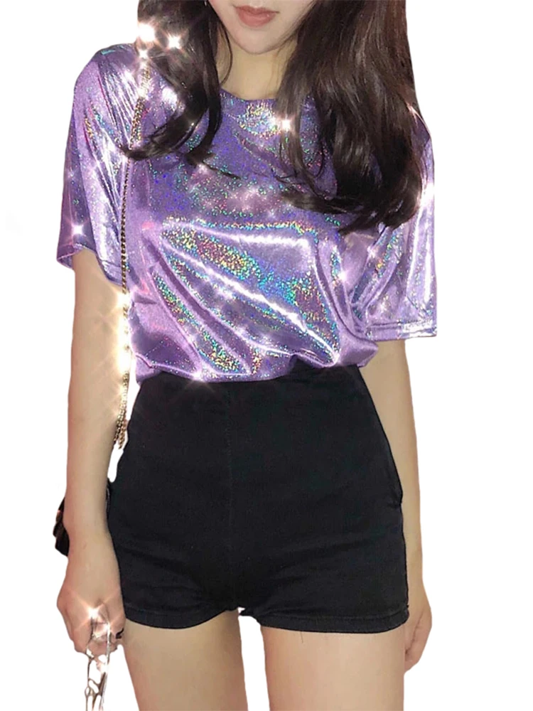 top da donna estivi t-shirt a maniche corte allentata lucida club sexy estetica harajuku maglietta da donna elegante in seta brillante