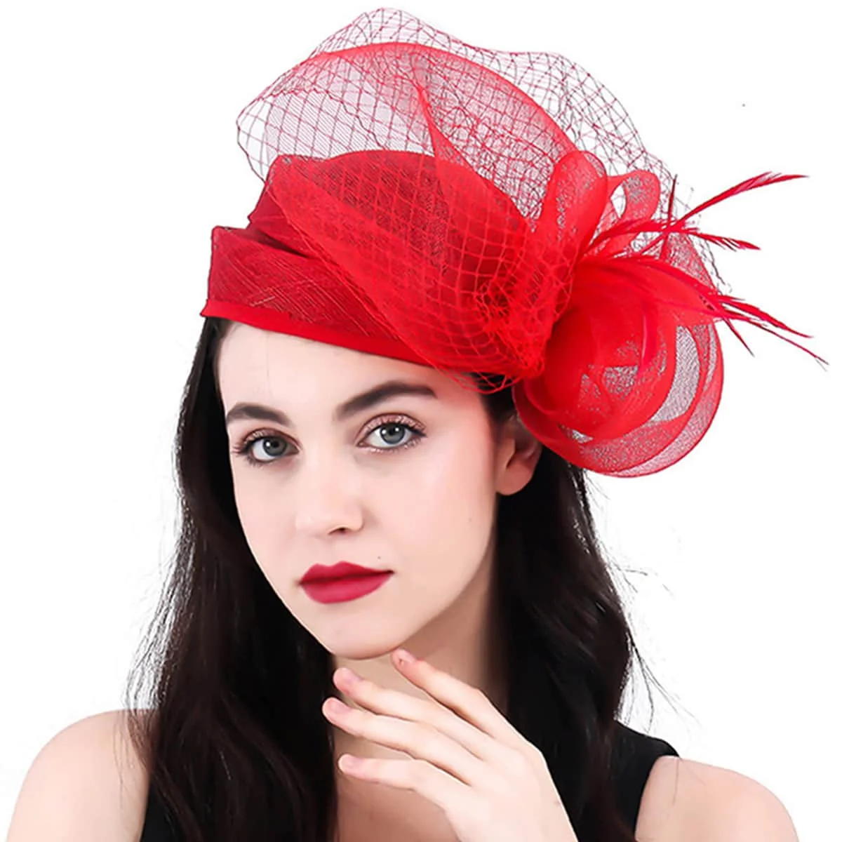 Sinamay Braut Hochzeit Rote Fascinator Hüte Für Frau Kirche Cocktail Tee Party Kleid Elegante Derby Kappe Hut Mit Feder Schleier Image