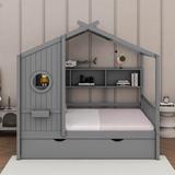 Red Barrel Studio® Keyanna Wooden House Bed w/ Trundle & Storage Shelf Wood in Gray/White | 72 H x 58 W x 78 D in | Wayfair