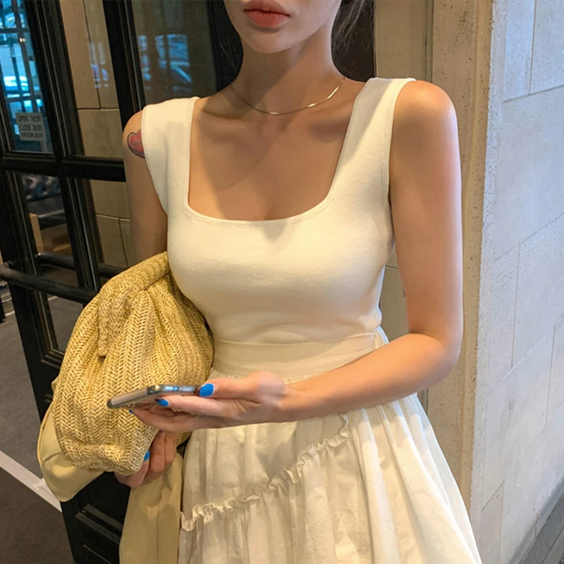 AOSSVIAO 2026 Forefair Tanktops Sexy Crop-Weste Einfarbig Harajuku Koreanisch Damen Off-Shoulder Gestrickt Schwarz Weiß Sommer Damen Tops Image