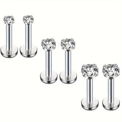 TEMU 6pcs 16g Stainless Steel Cz Lip Labret Nose Tragus Ear Piercing Jewelry 2/3/4mm Cz 10mm Bar Length 3 Pairs Set Image