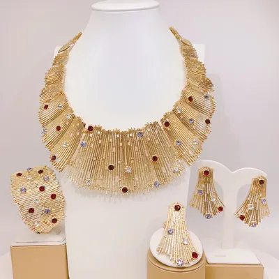 Colorful Stones Women Jewelry Set Accessories Necklace Earrings Bangle Ring Adjustble