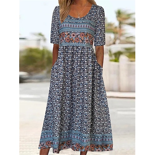 Damen Midikleid Freizeitkleid Sommerkleid Boho-Kleid Ethnisch Lässig Urlaub Täglich Date Normale Passform Blumen Kurzarm Rundhalsausschnitt Blau Weiß Marineblau Königliches Blau Sommer Image