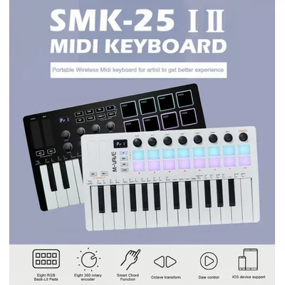 M-VAVE SMK-25 II MIDI Pad Controller Keyboard USB Mini 25 Key,16 RGB Drum Pads,8 Knobs and Music