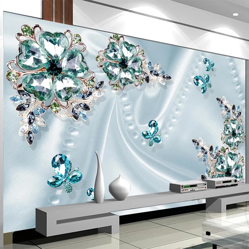 Nach Jeder Größe Wand Tapete 3D Stereo Grün Kristall Blumen Luxus Wand Malerei Wohnzimmer TV Sofa Schlafzimmer Papel De parede Image