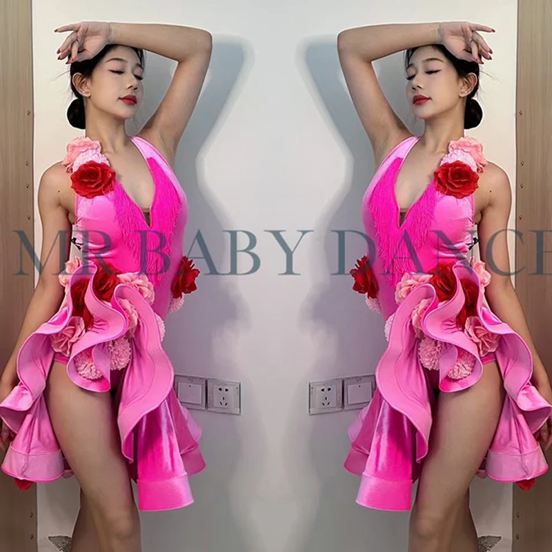 Latin Dance Competition Kleid Frauen Quaste Blumen kostüm Erwachsenen Rumba Performance Kleid Abschluss ball Party rosa schwarz Kleid dnv19183 Image