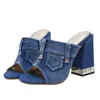 Mode Perle Starke Ferse Frauen Schuhe 2025, Offene spitze Damen Marke Casual Sommer Denim Hausschuhe Blau High Heels Kleid Weibliche Sandale