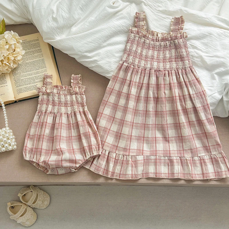 Mädchen Schwester Kleid Kleidung Sommer süße Neugeborene Mädchen rosa Gitter Overall Kleinkind Mädchen kurze Ärmel Kinder Prinzessin Kleid Image