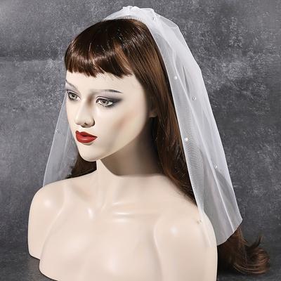 1pc Simple White Mesh Head Veil With Comb Double Layer Bridal Head Veil Inlaid Faux Pearl