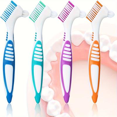 4pcs Denture Cleaning Brush Set, Flat Bristle Head Cleaning Brush, Hygiene Denture Cleaner For Removable Dentures Retainers Father's Day Gift