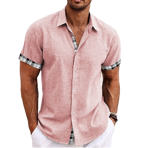 Herren leinenhemd Strandhemd Schottenstoff Kariert Outdoor Casual Rosa Grün Kurzarm Ständer Sommer Frühling Bekleidung Bedruckt Image