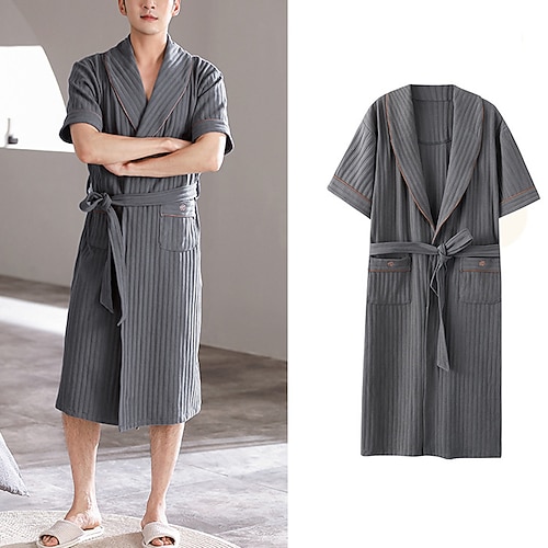 Herren Morgenmantel Bademantel Handtuch Robe Einfarbig Modisch Einfach Basic Heim Baumwolle Komfort Atmungsaktiv Tiefer Ausschnitt Lange Robe Tasche Gürtel inbegriffen Sommer Dunkelblau Dunkelgray Image