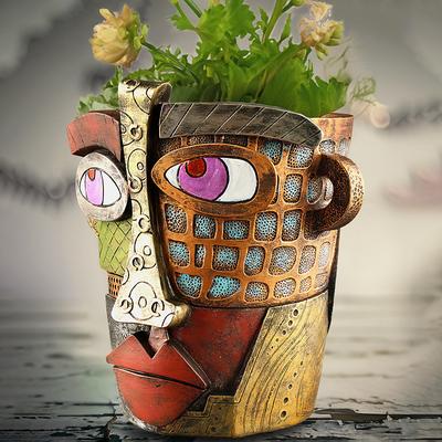 Brutalist Abstract Beauty Face Flower Pot Colorful Resin Head Planter with Handles for Easy Moving, Unique Artistic Decor for Indoor/Outdoor Plants, Perfect Gift for Art and Plant Lovers