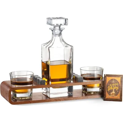 Whiskey Stones Gift Set for Men, Whiskey Decanter Set with Wood Stand, 8 Granite, Great Valentine's