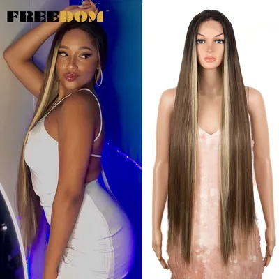 FREEDOM Synthetic Lace Front Wigs For Women Super Long 38Inch Ombre Blonde Highlight Ginger Straight