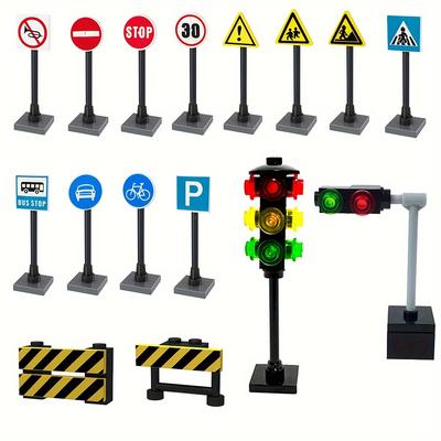 16pcs City Traffic Light Road Signs, Signal Street Signs Building Blocks Parts, Warning Signs, Cognitive Diy Toys, Christmas Gifts