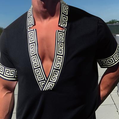 TEMU Men's Casual V Neck Henley Shirt, Chic Stretch Short Sleeve Shirt For Summer Image