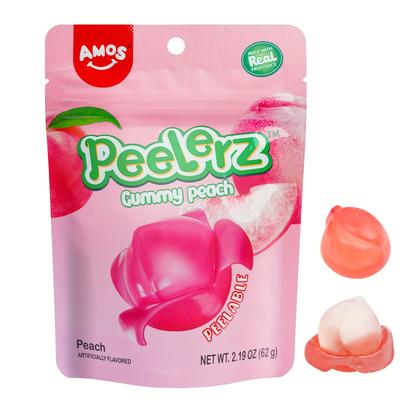 3/8 Pack Amos 4d Gummy Peelable Peach Candy, Peelerz Gummy Peach, Fruit Snacks Gluten Free, Resealable 2.19oz Bag
