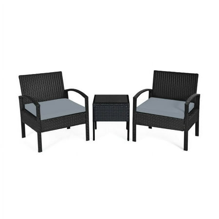 Resenkos 3 Piece Patio Conversation Bistro Set with Seat Cushions-Gray Balcony Furniture Outdoor Rattan Patio Conversation Set with Side Table Rattan Patio Set for Garden Porch Yard