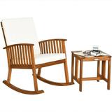 Resenkos 2 Pieces Acacia Wood Patio Rocking Chair Table Set Outdoor Furniture Garden Conversation Bistro Sets with Coffee Table Comfortable Washable Cushions White