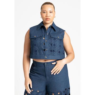 Plus Size Women's Circular Cutout Denim Vest by ELOQUII in Dark Wash (Size 28)