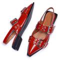 Women Ballet Flats Pumps,Red Pointed Toe Metal Buckle Gothic Mary Jane Shoes,Casual Slingback Ballerina Patent Leather Shoes,Red,5.5 UK