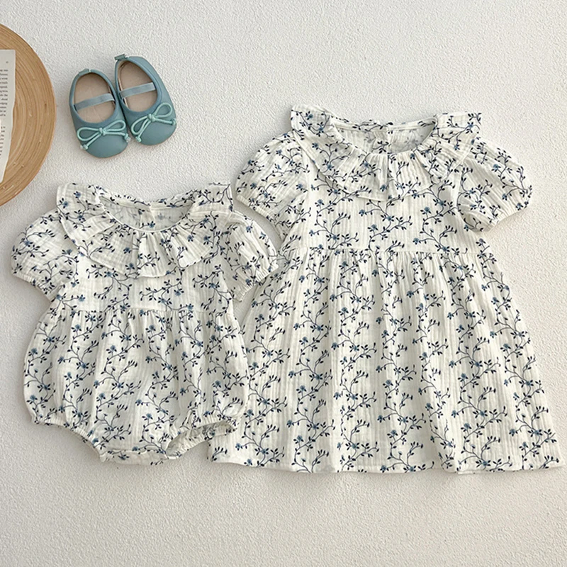 Schwester Sommer Baby Mädchen Kleidung Mädchen Kurzarm Kleid Blumen druck Kinder Baby Stram pler Prinzessin Kleid passend Schwester Outfit Image