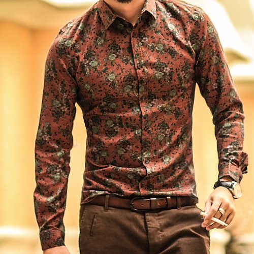 Herren Blumen Hemd Sommer Hawaiihemd Knopfhemd Langarm Mode Streetwear Lässig Lässig Ferien Wochenende Frühling Herbst Umlegekragen Druck Button-Down Wein Rote Grün Kaffee Grau Image