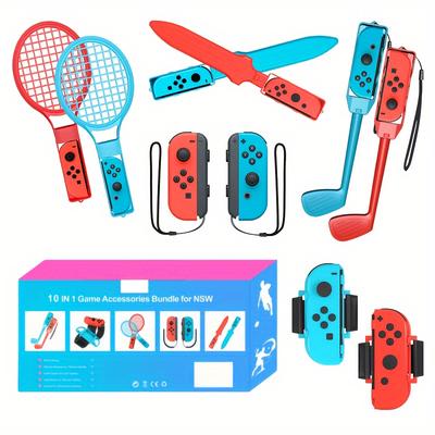 Sports Game Accessories Bundle Compatible With Switch, 10 In 1 Kit For Switch, Wrist Straps, Tennis Rackets, Golf Club, Leg Straps, Sword Controller