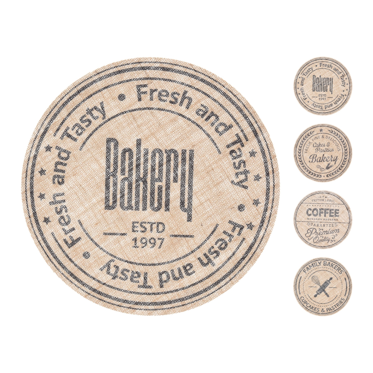 1 Tischset rund 38cm Jute Platzset mit bedrucktem Bäckerei Motiv Platzdeckchen Tellerunterlage Tischuntersetzer für Küche Gastronomie Beige Schwarz Image