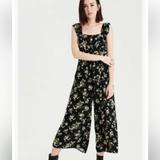 American Eagle Outfitters Pants & Jumpsuits | American Eagle Jumpsuit M Floral Black Ruffle Sleeveless Wide Leg Crop | Color: Black/Blue/Yellow | Size: M