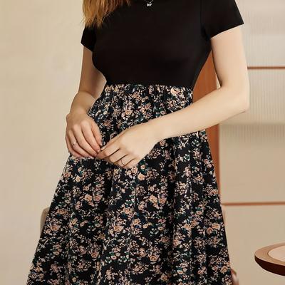 TEMU Floral Print Crew Neck Dress, Casual Short Sleeve Dress For , Women's Clothing Image
