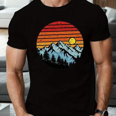 TEMU Mountains Sunset Print T Shirt, Tees For Men, Casual Short Sleeve T-shirt For Summer Image