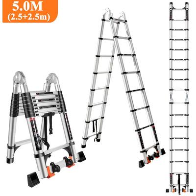 Teleskopleiter 5,0m Aluminium Leiter mit 2 Rädern (2,5m + 2,5m), Multifunktions-Klappleiter für 150 Image