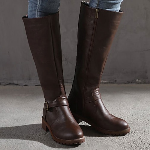 braune kniehohe Reitstiefel für Damen mit Schnallendetail und Reißverschluss – stylische Kunstlederstiefel für die Freizeit und den Outdoor-Bereich Image