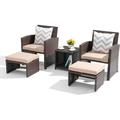hansgo 5 Pcs Patio Conversation Set Balcony Furniture Set with Cushions Brown Wicker Chair with Ottoman Storage Table for Backyard Garden Porch Beige