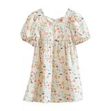 Flower Girl Dress Girls Summer Floral Dress Cute Floral Printed Princess Square Neck Ruffle Short Sleeve Vintage Casual Outing Pleated Dresses Girls Dresses Summer Dress White 3-4 Years