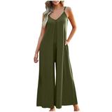 Flowy Jumpsuits for Women Summer 2024 Ladies Casual Spaghetti Strap V Neck Sleeveless Wide Leg Romper Playsuit (X-Large Army Green)