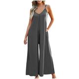 Flowy Jumpsuits for Women Summer 2024 Ladies Casual Spaghetti Strap V Neck Sleeveless Wide Leg Romper Playsuit (Small Dark Gray)