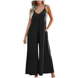 Flowy Jumpsuits for Women Summer 2024 Ladies Casual Spaghetti Strap V Neck Sleeveless Wide Leg Romper Playsuit (X-Large Black)