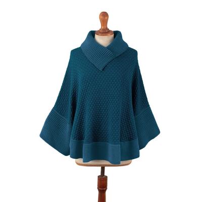 Blue Illusions,'100% Baby Alpaca Poncho with Geometric Motifs in Blue Shades'