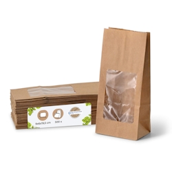 BIOZOYG 500 Stück Standbodenbeutel 9,5 x 5,5 x 18 cm, Größe S, Papierbeutel, Bodenbeutel, Papiersäckchen, biologisch abbaubar mit Fenster aus PLA Image