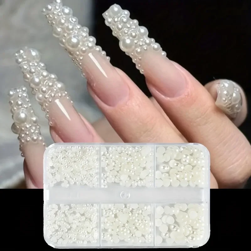 6-Gitter weiß/beige Flatback-Nagelperlen für Nagelkunst-Dekoration, halbrunde Perlen zum Basteln, für Make-up-Perlen für Nägel Image