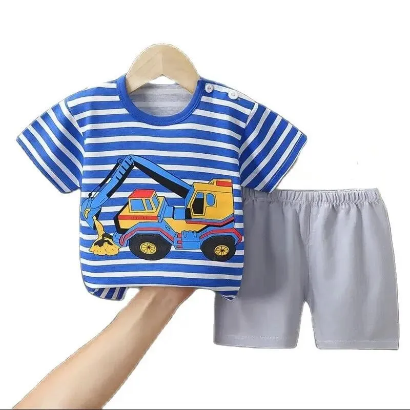 Cartoon Bagger Gestreiftes T-Shirt + Shorts 2-teiliges Set Baumwolle Pyjama Kind Baby Jungen Mädchen Sommer Lässige Kleidung Anzug 1-6Y Image