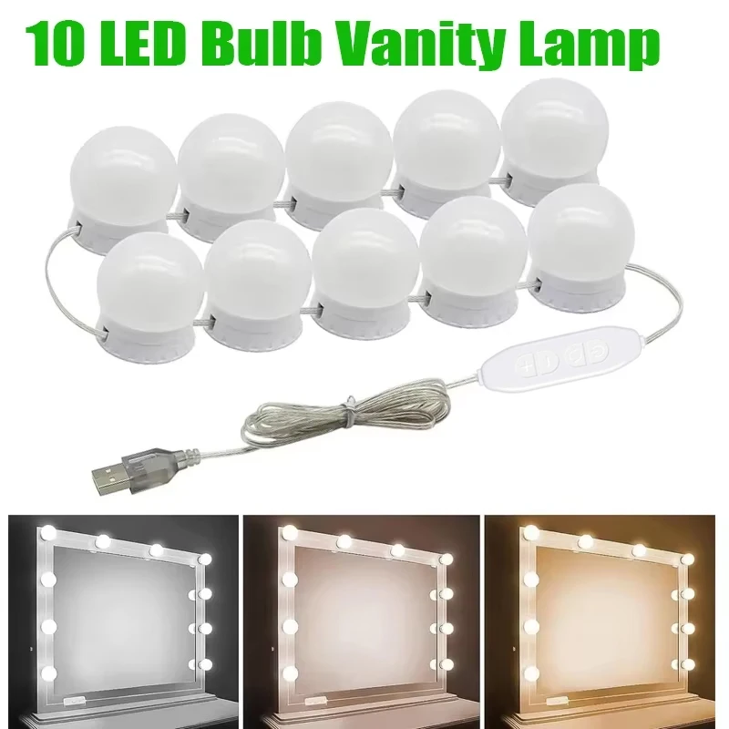Spiegelleuchte, 10 Glühbirnen, Kosmetikleuchten, USB, Badezimmer, Schminktisch, Beleuchtung, dimmbar, LED-Kosmetikleuchte für Make-up-Spiegel, LED-Licht