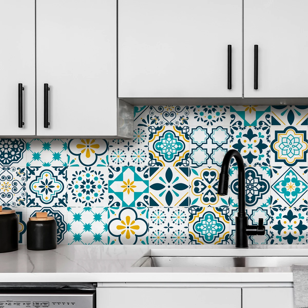 1 rouleau de autocollants de cuisine épais et résistants à l'humidité, motif marocain, mur décoratif d'aménagement paysager de fond de cuisine et de salle de bains