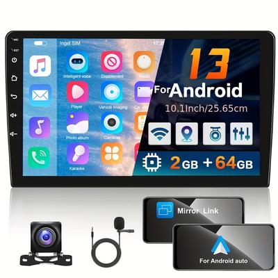 TEMU 2g+64g 10.1-inch For Android 13 Gps Car Stereo Wireless Car Player For Android Auto, Double Din Touch Screen Car Audio Receiver Fm Radio Gps+rear View Camera