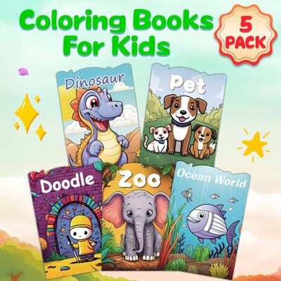 5-pack Kids' Coloring Books - Zoo, Dinosaur, Ocean...
