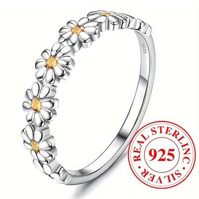 TEMU Simple And Cute Daisy Flower Inlaid Yellow Synthetic Zirconia Women's Ring, 2.4g S925 Sterling Silvery Promise Engagement Ring, ' Casual Fashion Accessory Image