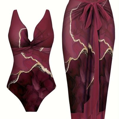 TEMU Women'-piece Beachwear Set, Printed One-piece Bathing-suit With Detail And Matching Tie-waist Skirt, Elegant Party Wear Image